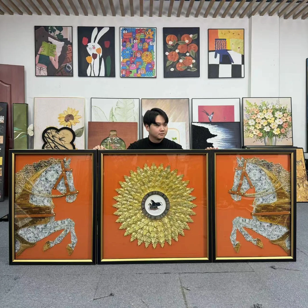 AA新款手工立体沙发三联画客厅金帝丝马到成功装饰壁画80200