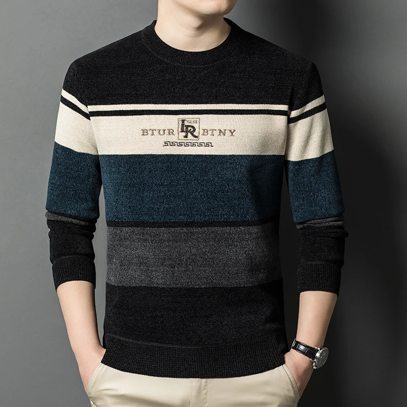 悟界保罗2024男士冬季雪尼尔加绒加厚保暖毛衣，刺绣字母套头上衣