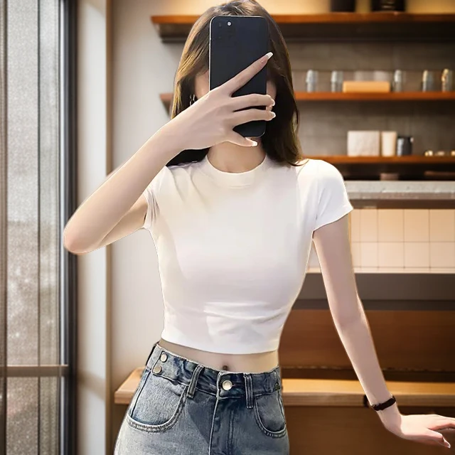 春夏新款小众设计感显瘦短款t恤女短袖露脐修身高腰爵士舞上衣ins