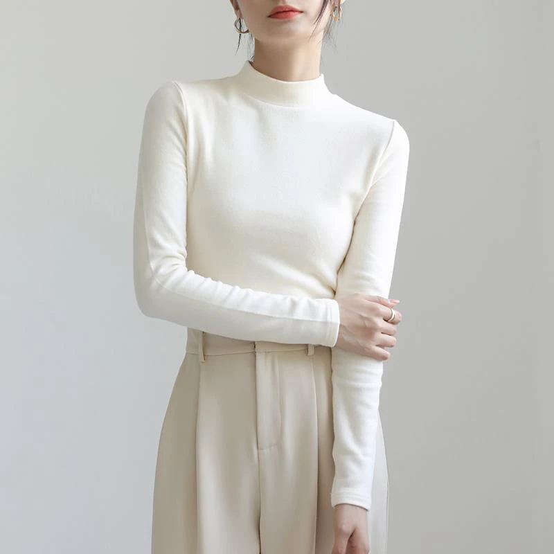 德绒打底衫女秋冬内搭黑色小立领中领T恤半高领紧身上衣白色