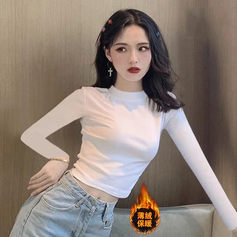 薄绒螺纹棉新款辣妹小高领长袖短款打底衫女款爆款2025新款秋冬