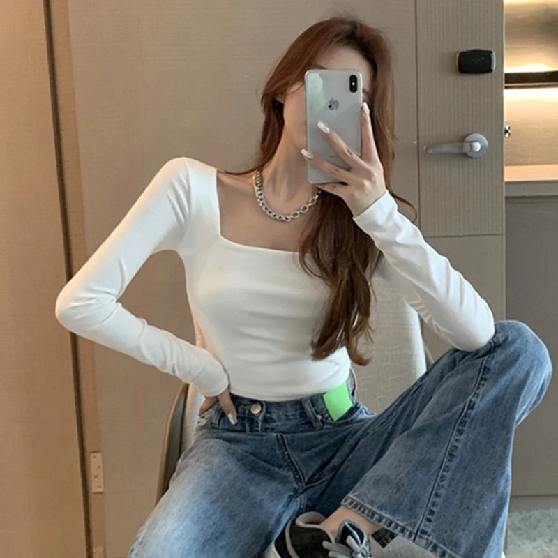 春秋冬黑色方领长袖打底衫女上衣95棉修身紧身大领口内搭体恤低领