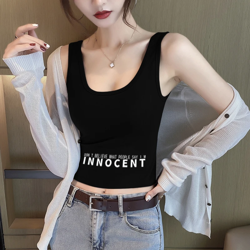 u型美背小吊带背心女内搭夏白色短款印花打底外穿别致欧若风上衣