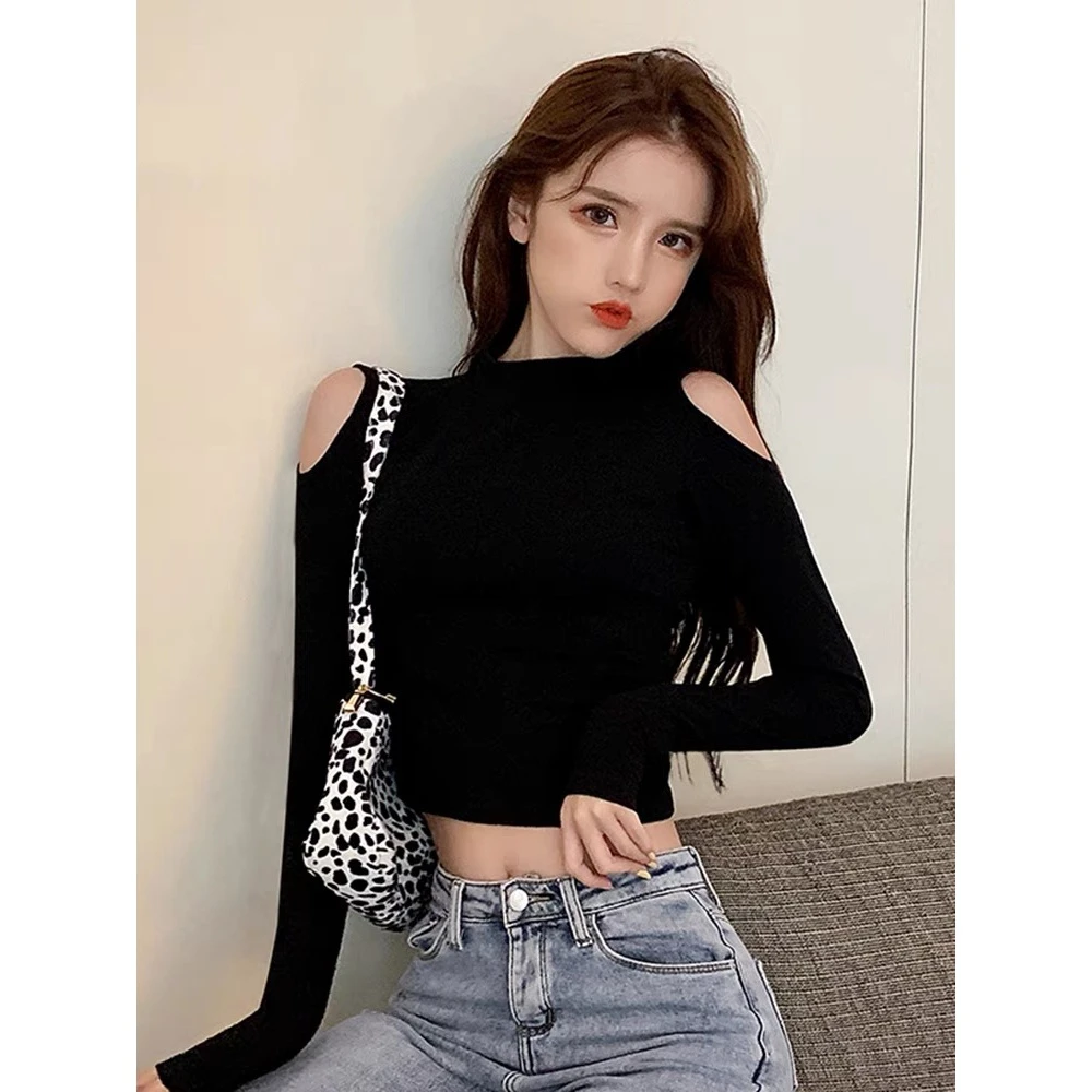 秋冬露脐打底衫女长袖T恤半高领露肩镂空体恤内搭小衫紧身上衣潮