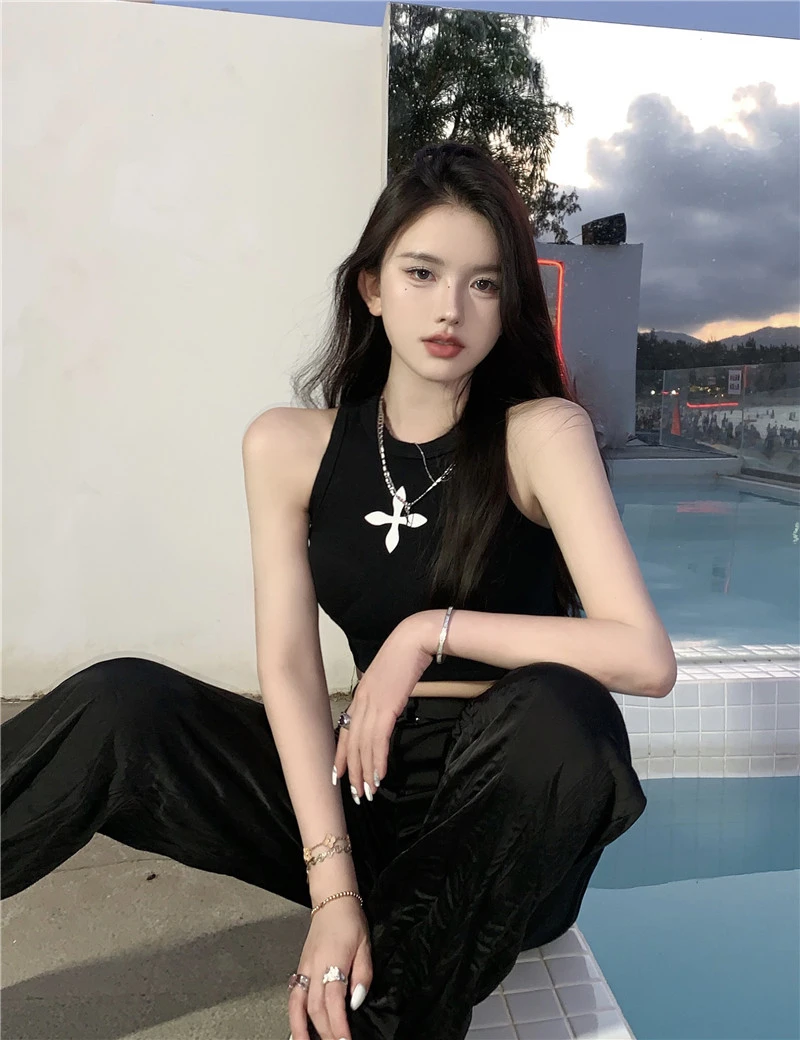 黑色吊带背心女春夏辣妹外穿露脐印花设计短款修身无袖爵士舞女