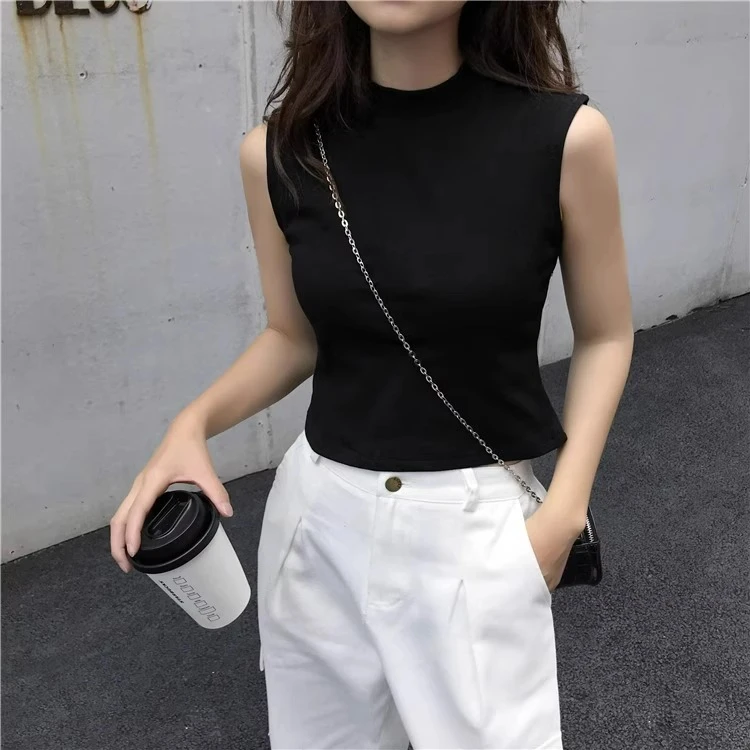 背心女外穿无袖半高领2024内搭恤打底衫短款纯色露脐上衣百搭显瘦