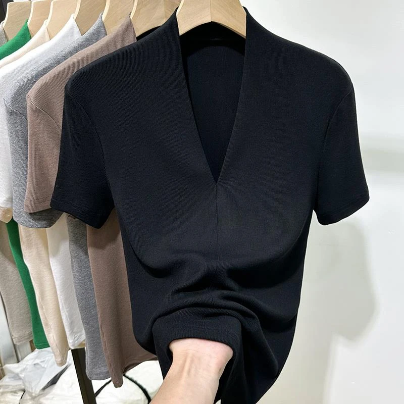 显瘦高级感螺纹V领短袖t恤女上衣2024春夏季新款修身内搭打底百搭