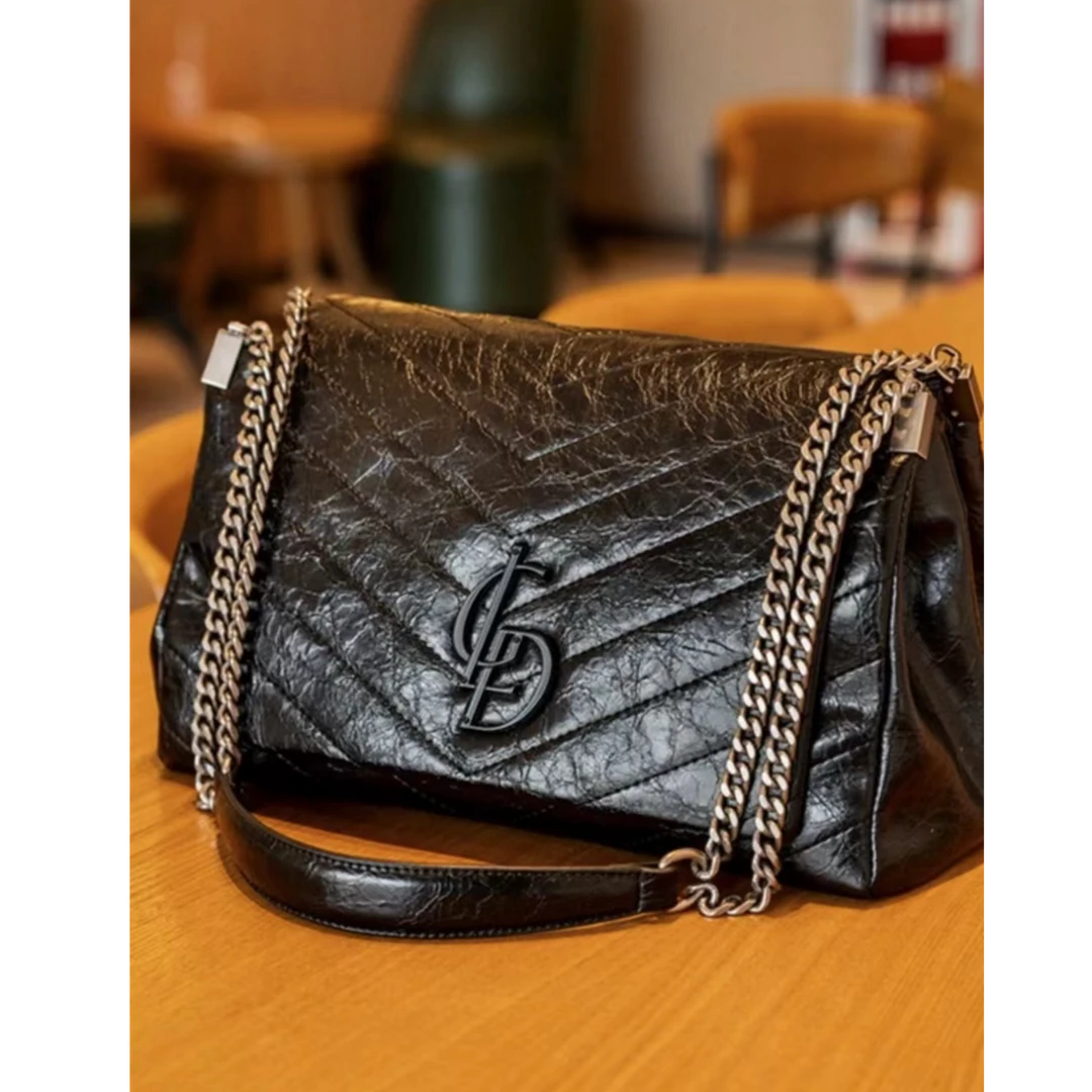 戈兰黛新款邮差包黑色腋下单肩流浪包中号肩包压纹时尚女士斜跨包