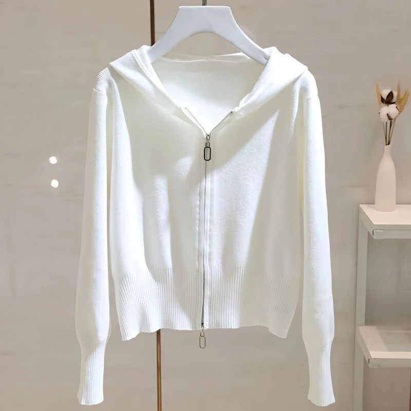 白色连帽长袖毛衣针织衫女2024秋季新款设计感小众拉链开衫上衣潮