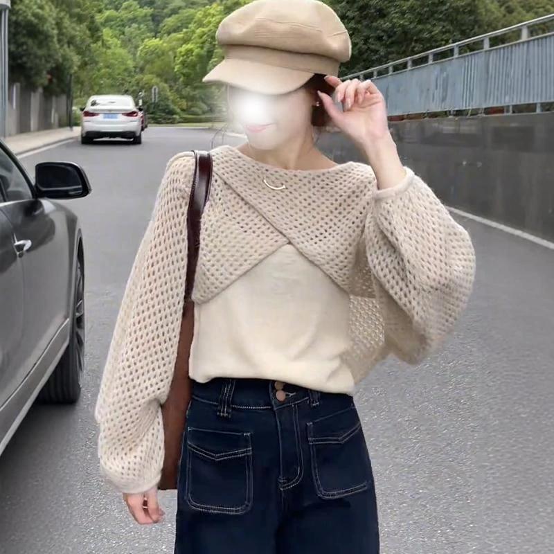 2024秋季新款镂空交叉套头针织罩衫女韩系洋气纯色修身百搭两件套