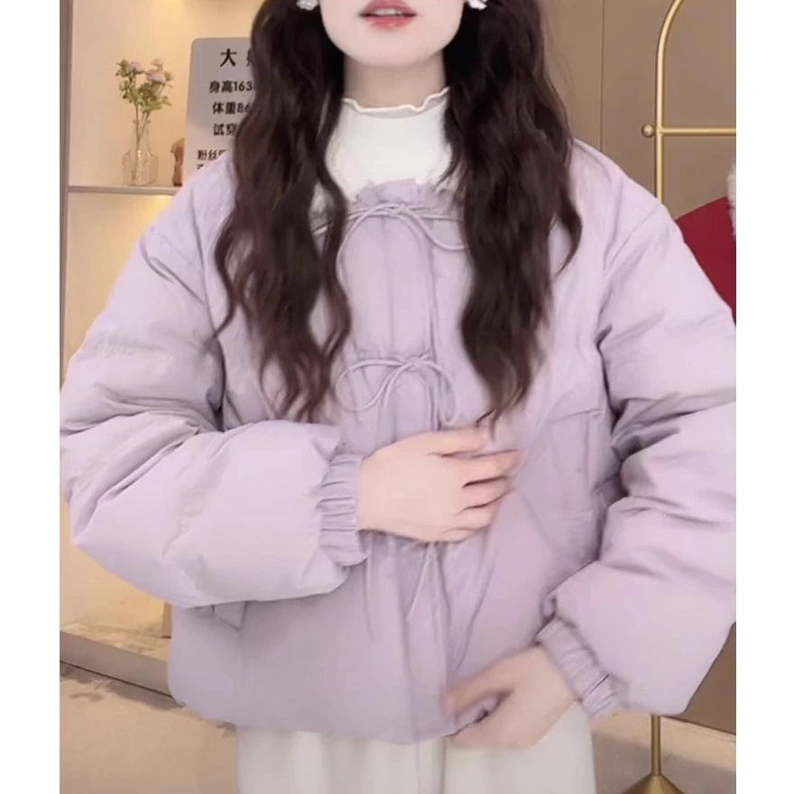 韩系蝴蝶结系带短款棉服女2024冬季新款圆领甜美学院风面包服外套