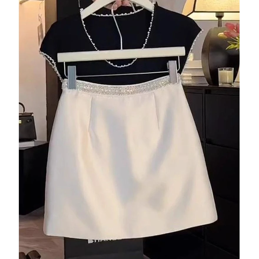 重工镶钻高腰显瘦半身裙女夏季新款设计感小众百搭a字漂亮短裙子