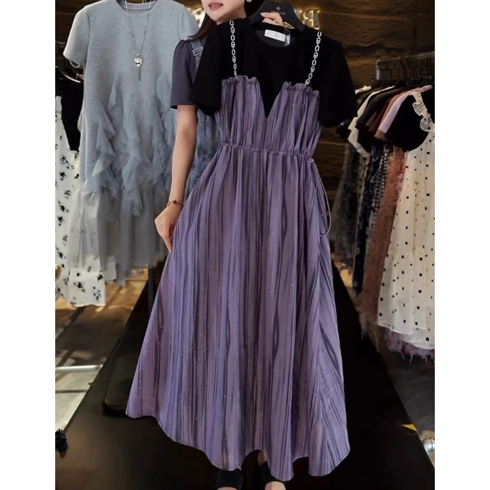 2024高级感拼接连衣裙女夏季新款时尚洋气百搭显瘦假两件短袖长裙