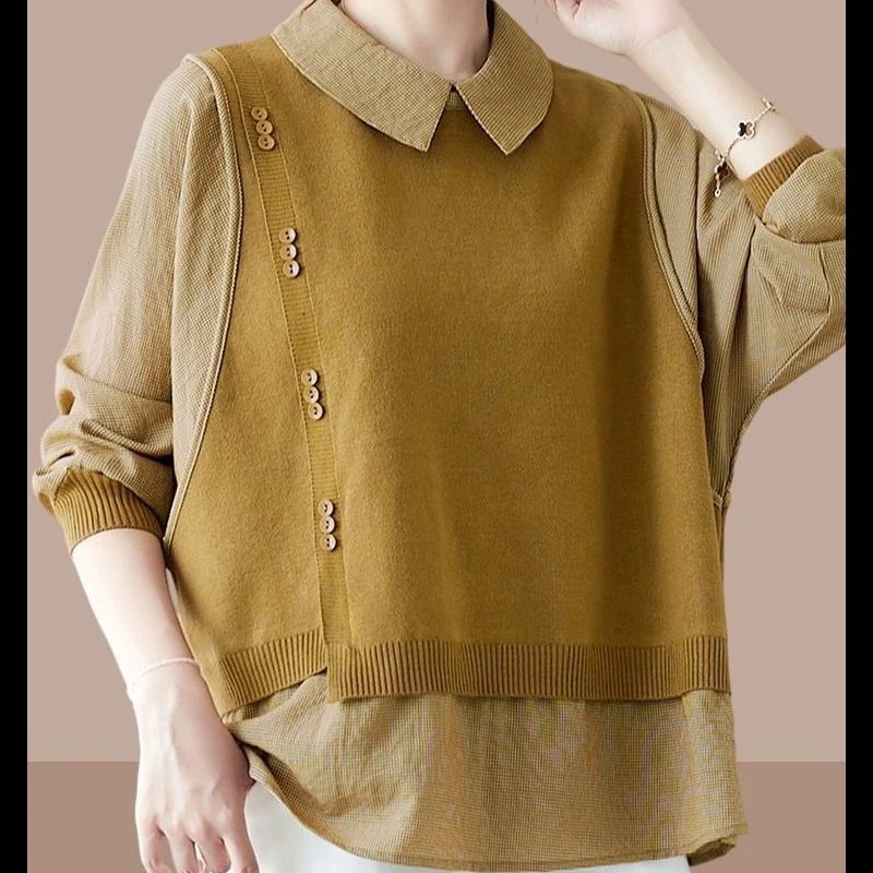 妈妈款洋气长袖打底小衫中年女装假两件上衣2024新款秋装时尚减龄