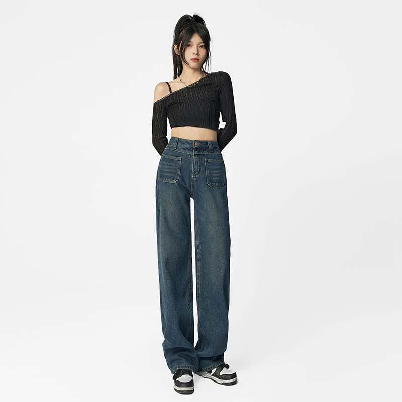 复古高腰阔腿牛仔裤女直筒宽松设计感梨形显瘦身材小个子拖地裤女