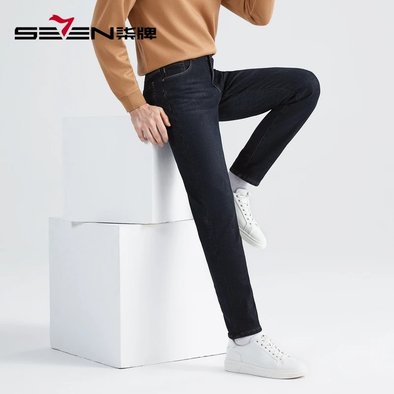 【直降】柒牌男牛仔裤子冬季厚款商务时尚保暖舒适修身小直筒休闲裤