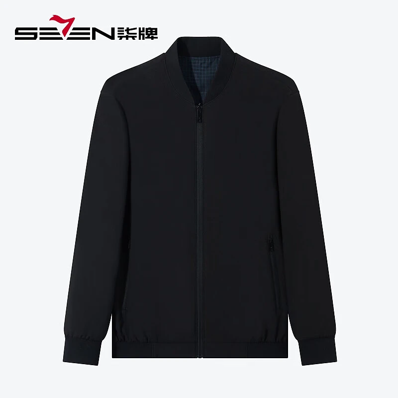 【双面穿】柒牌棒球领夹克男秋冬厚款商务休闲防静电格纹棉服外套