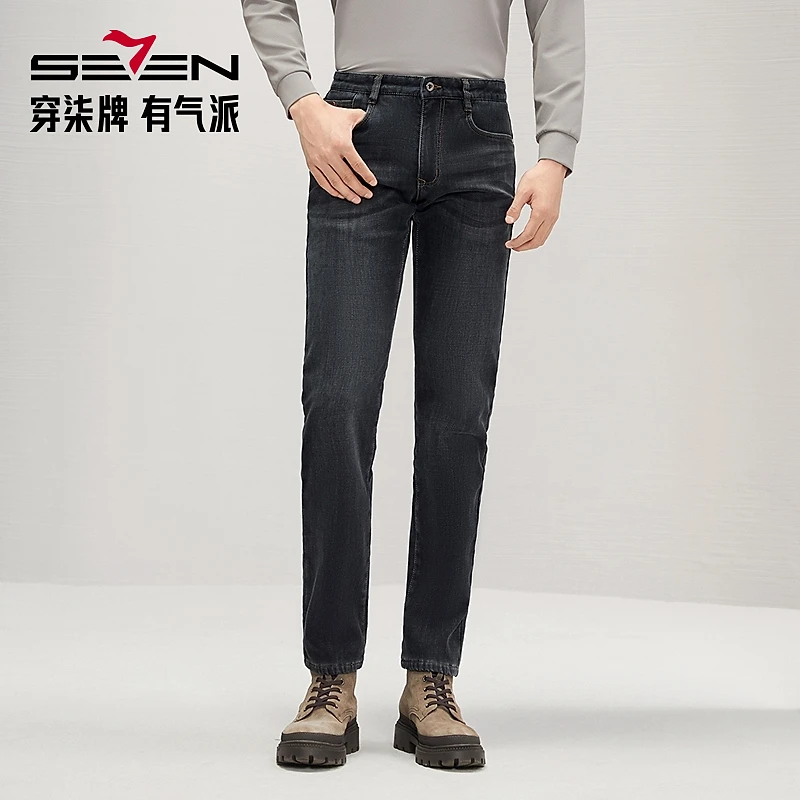 【含羊毛加绒牛仔裤】柒牌男士牛仔裤冬季休闲厚款保暖抗寒加厚长裤