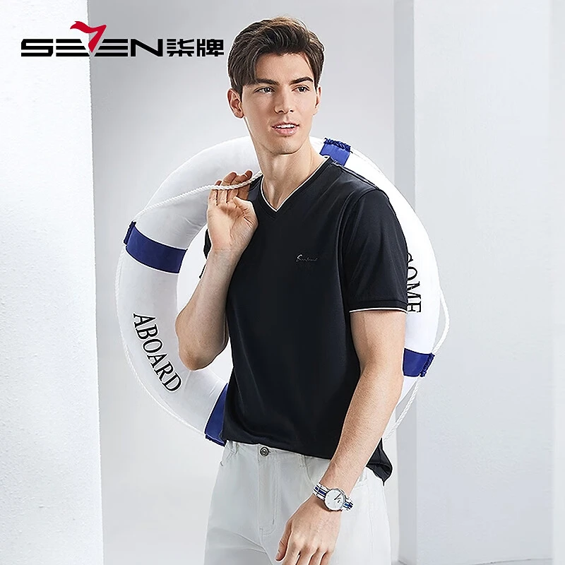 【含桑蚕丝】柒牌男士短袖2025夏季户外时尚休闲透气拼接撞色V领T恤