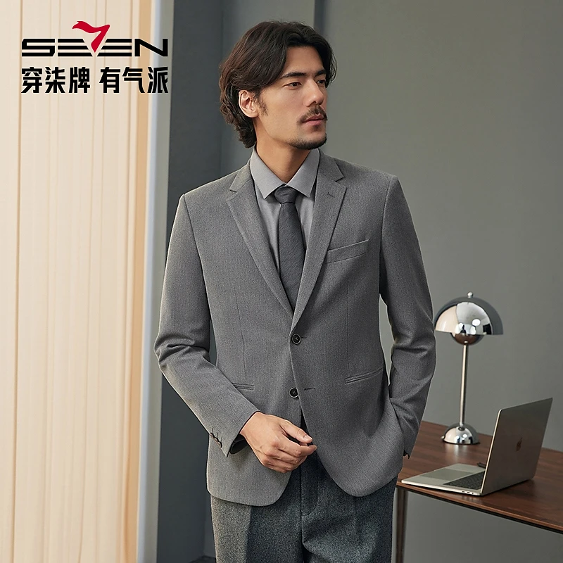 【暗条纹花纱】柒牌秋冬时尚男装平驳领西装商务绅士西服结婚外套