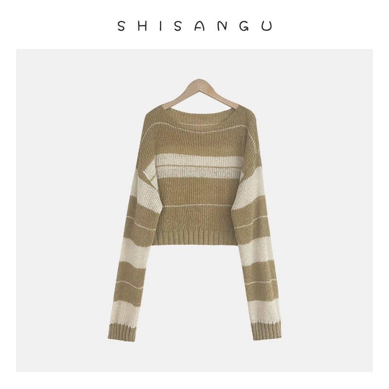 十三姑【博主范儿】针织衫  秋季时尚撞色圆领条纹短款女士针织上衣