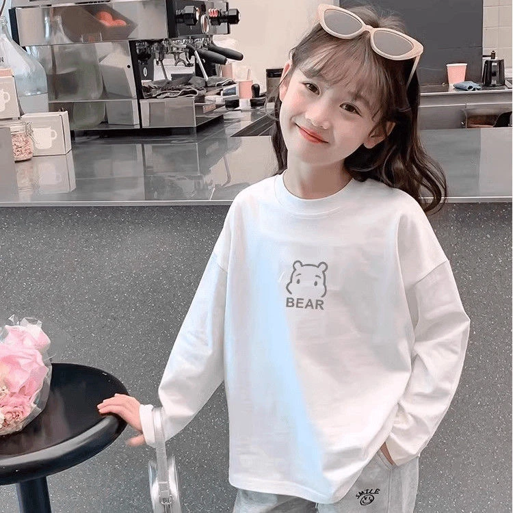 女童长袖T恤春秋款2024新款儿童秋季上衣女孩秋装白色纯棉打底衫
