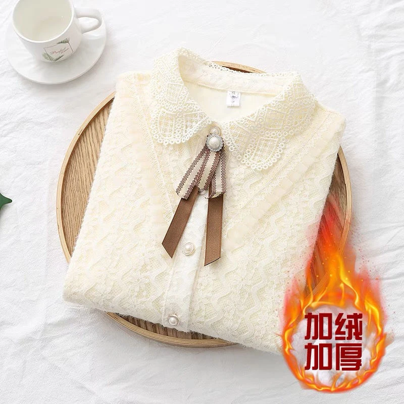 2024秋冬新款加绒蕾丝打底衫女洋气内搭保暖衬衫气质蝴蝶结上衣