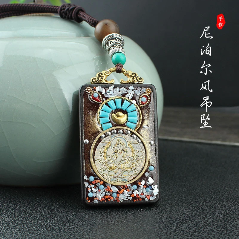 尼泊尔风白财神黑檀木唐卡吊坠长款佛牌项链男女百搭民族风毛衣链