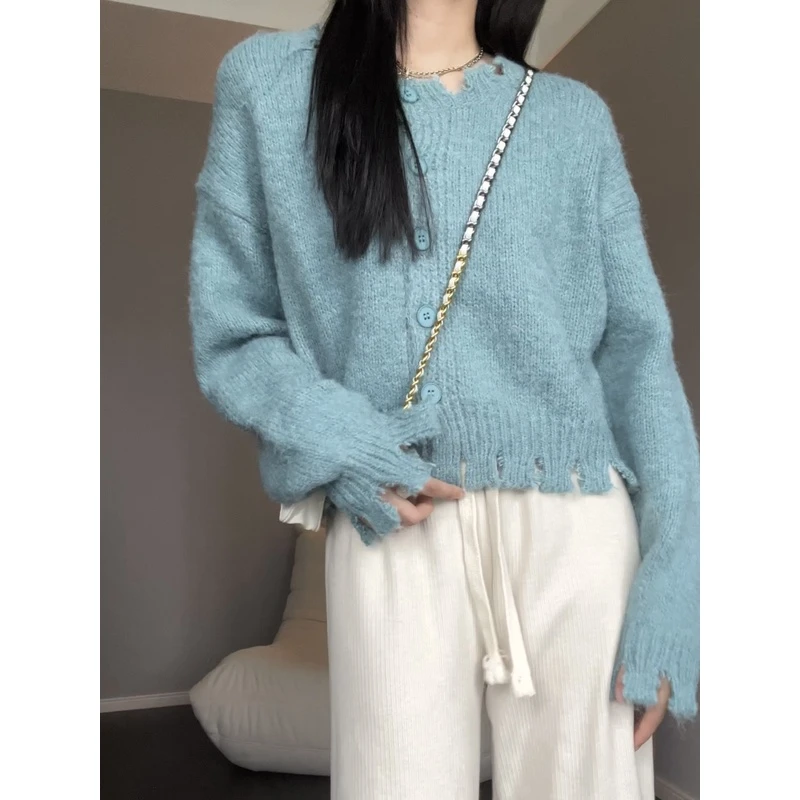 liyu李鱼毛衣女2023春秋加厚宽松V领羊毛针织外套原创设计感秋冬