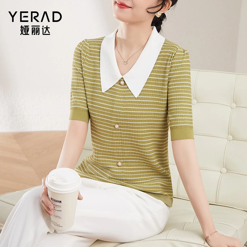 娅丽达女装针织短袖女2023春季新款气质法式小香风娃娃领条纹T恤
