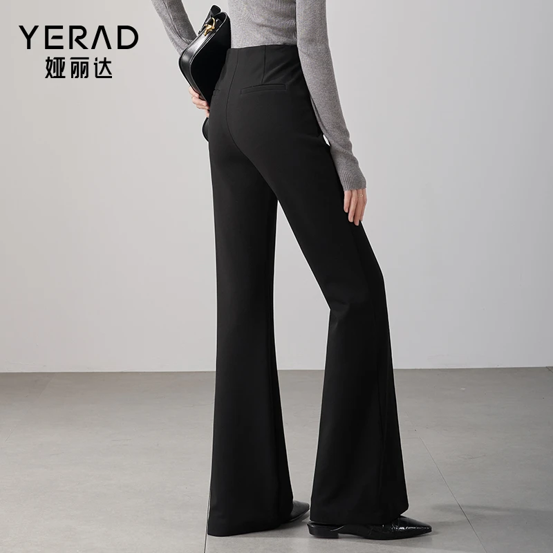 娅丽达黑色显瘦弹力微喇裤女2024秋季新款高腰休闲修身喇叭裤