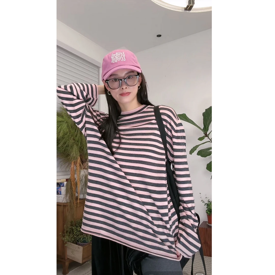 【之冉】24可机洗~立体条纹混纺高级感慵懒宽松ins针织打底衫上衣女