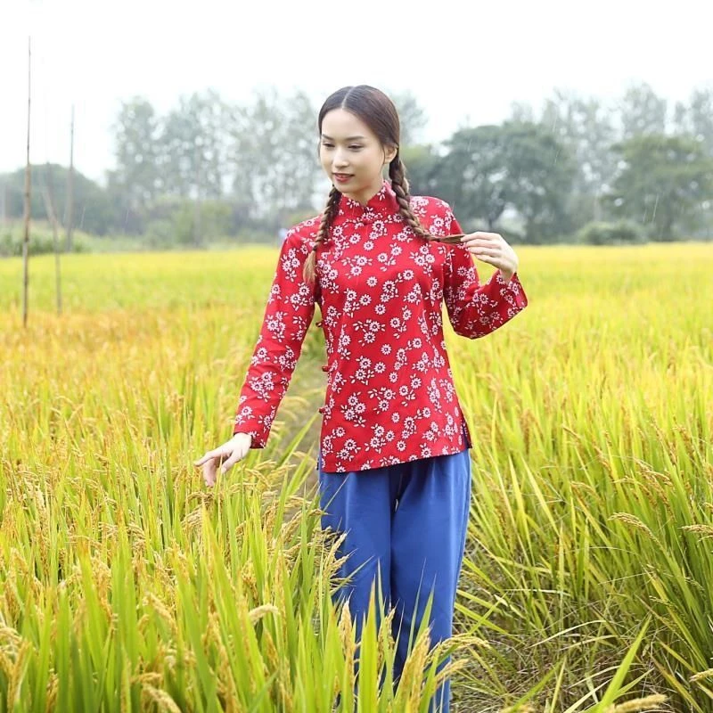 民族演出服阿庆嫂村姑采茶女表演服碎花乡村风舞台服秧歌民国服装