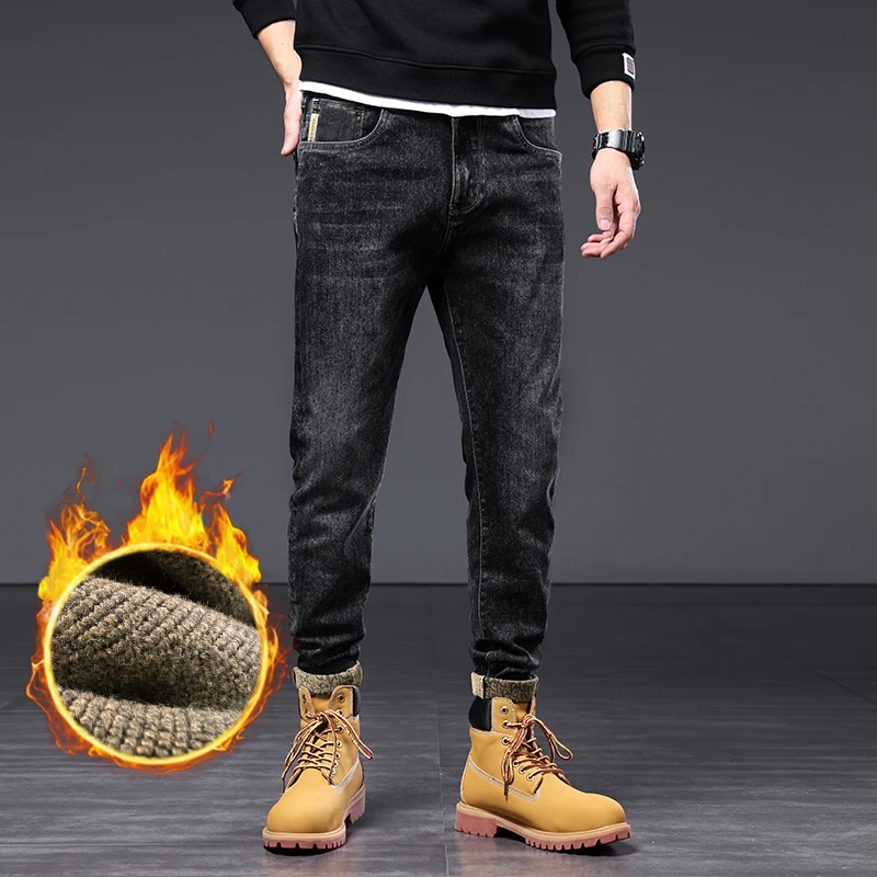 韩版潮流男士牛仔裤男款爆款新款秋冬加绒加厚修身黑色牛仔裤165