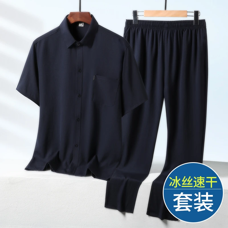 夏季中老年男士爸爸套装宽松短袖衬衫松紧腰休闲长裤两件套爷爷装