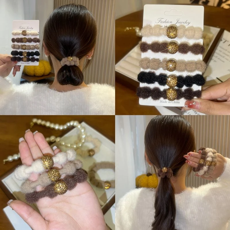 秋冬美拉德色毛绒发圈高级感钻钻头绳气质高马尾皮筋女扎头发绳新