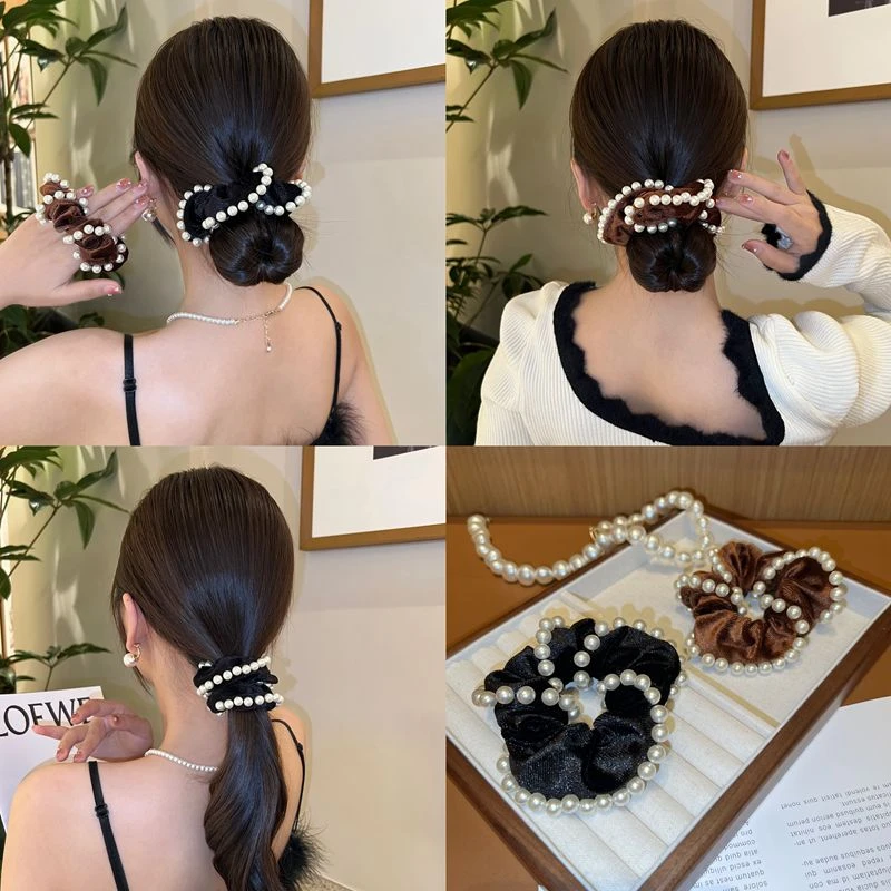 优雅丝绒气质珠珠发圈头绳女高级感扎发皮筋简约百搭高低马尾发绳