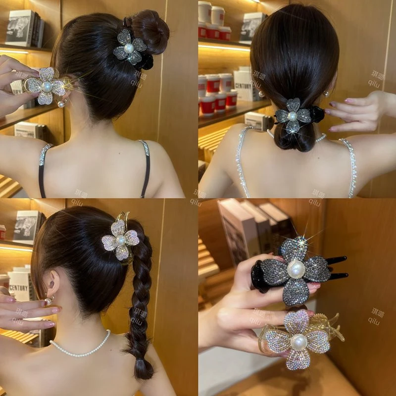 精致满钻花朵丸子头抓夹女后脑勺固定防塌发夹高马尾发卡发饰夏季