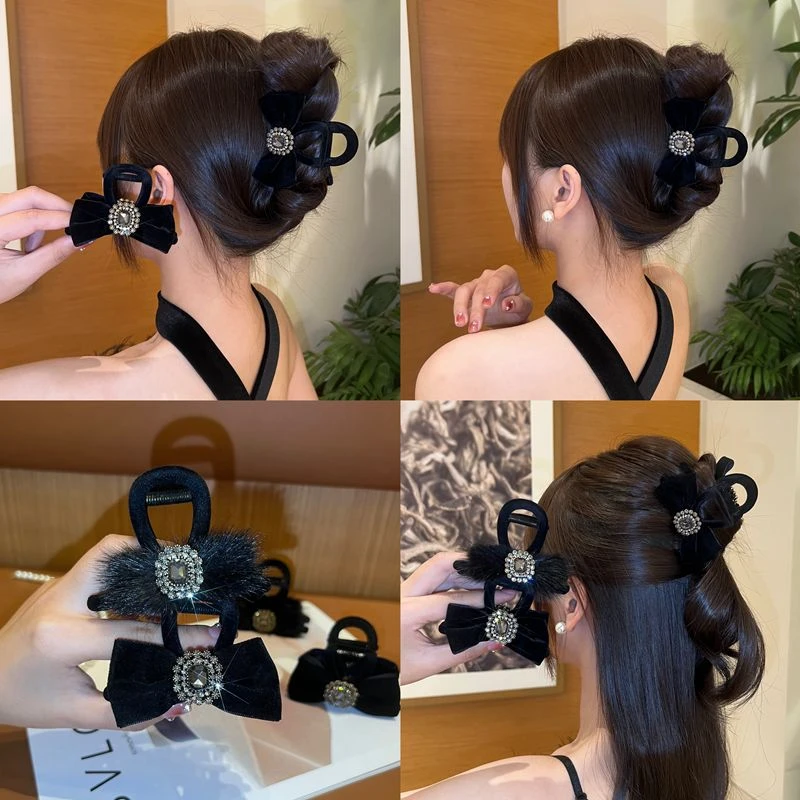气质丝绒蝴蝶结闪锆抓夹女高级感后脑勺盘发鲨鱼夹半扎马尾夹头饰