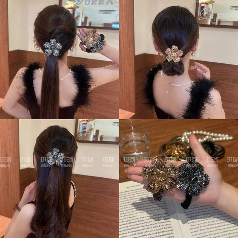 秋冬高级感轻奢闪钻花朵发圈气质网红马尾头绳丸子头扎头发绳发饰