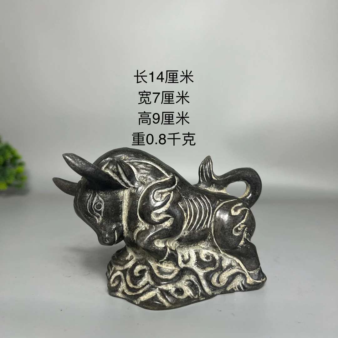 山西青石整石雕刻石牛十二生肖牛气冲天书桌工艺品客厅茶室摆件
