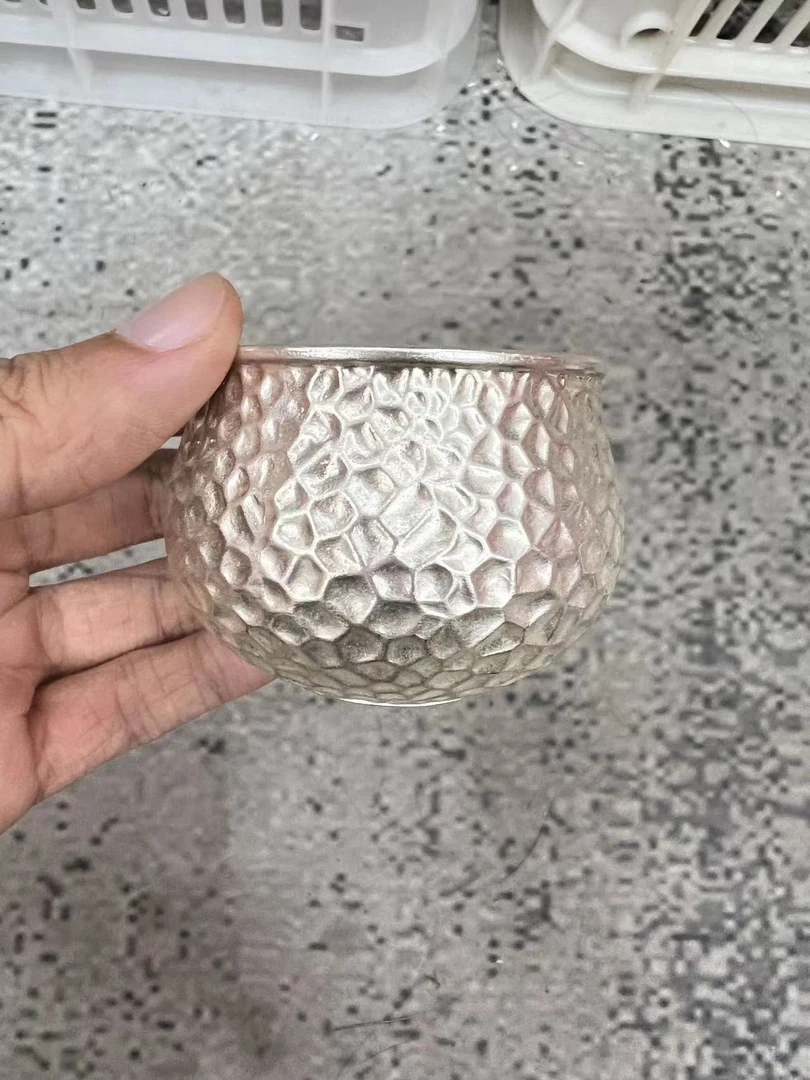 手工锻打999银锤纹银杯3835@X357