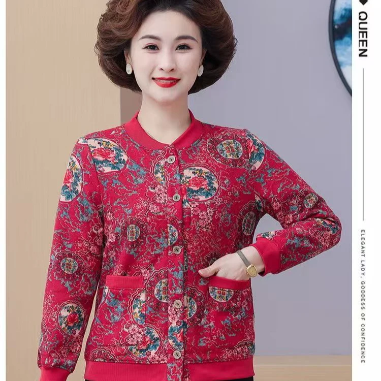 新款棉麻加绒洋气棒球服冬季短款保暖春秋外套中老年