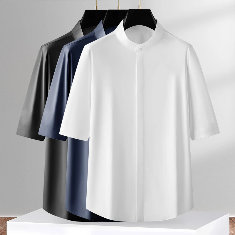 高端中式无痕立领衬衫男士春夏季冰丝弹力抗皱免烫五分袖休闲衬衣