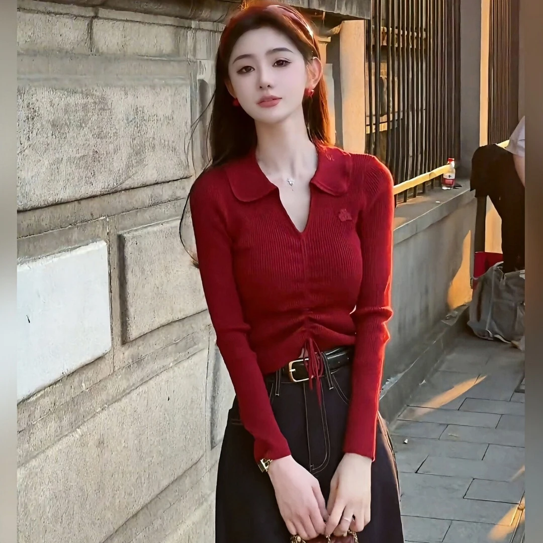 早秋新款女装2024爆款洋气高级感红色polo领长袖针织气质翻领上衣