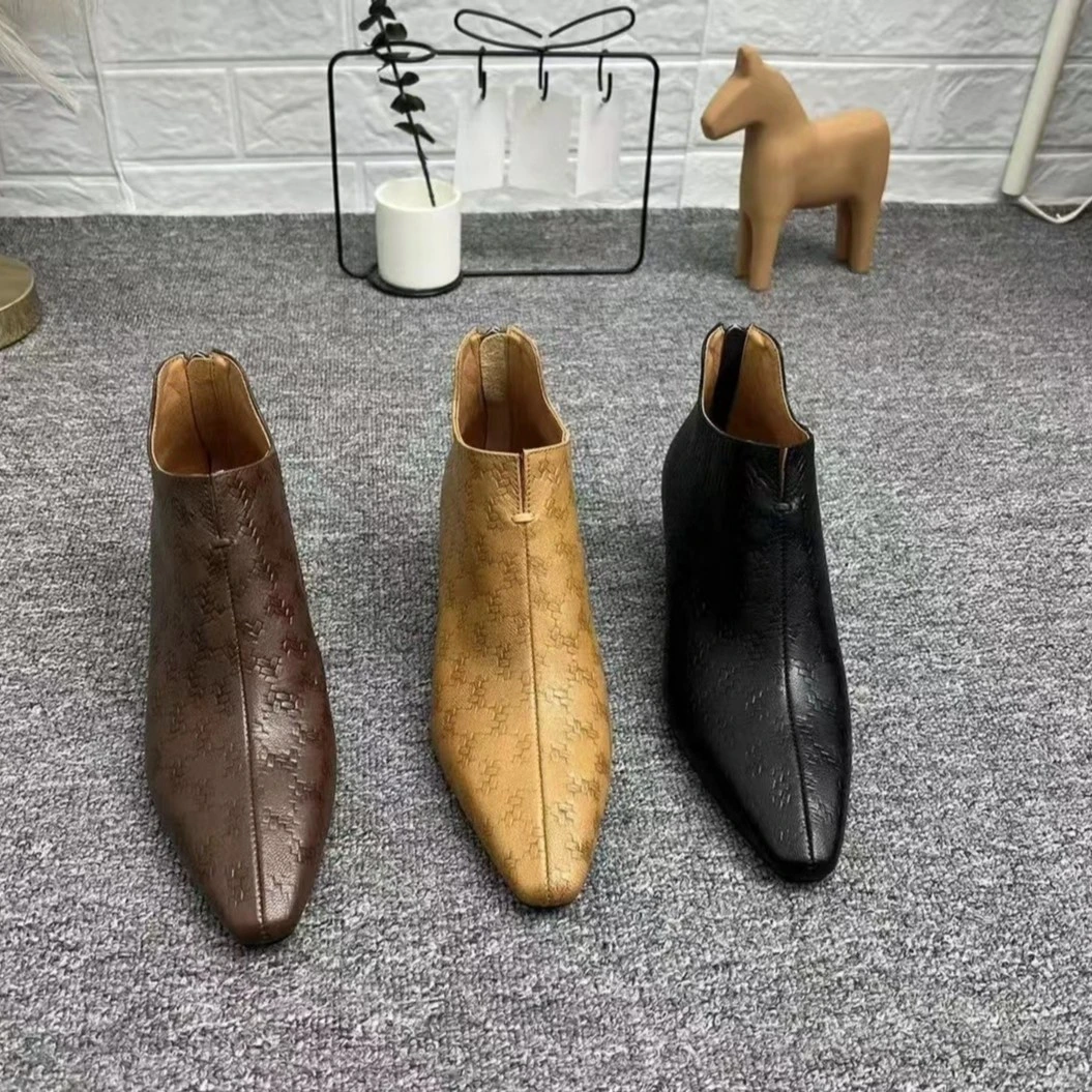丽尔手工鞋]捡漏现货真皮缺码羊皮跟高3cm低跟方秋冬小小方头短靴