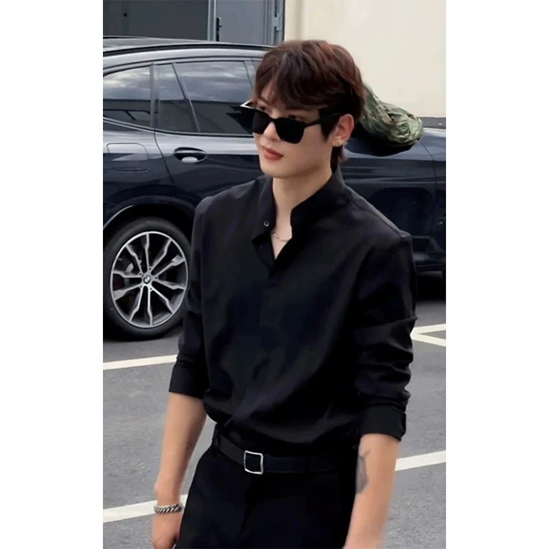 新中式黑色衬衣高级感痞帅炸街冰丝立领衬衫男长袖潮牌商务上衣
