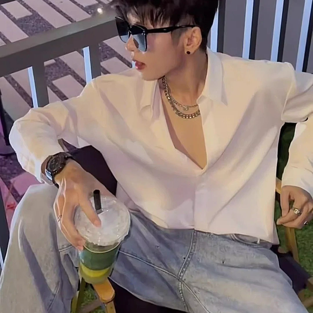 白色那不勒斯衬衫男长袖痞帅高级感春秋夏款冰丝衬衣英伦雅痞男装