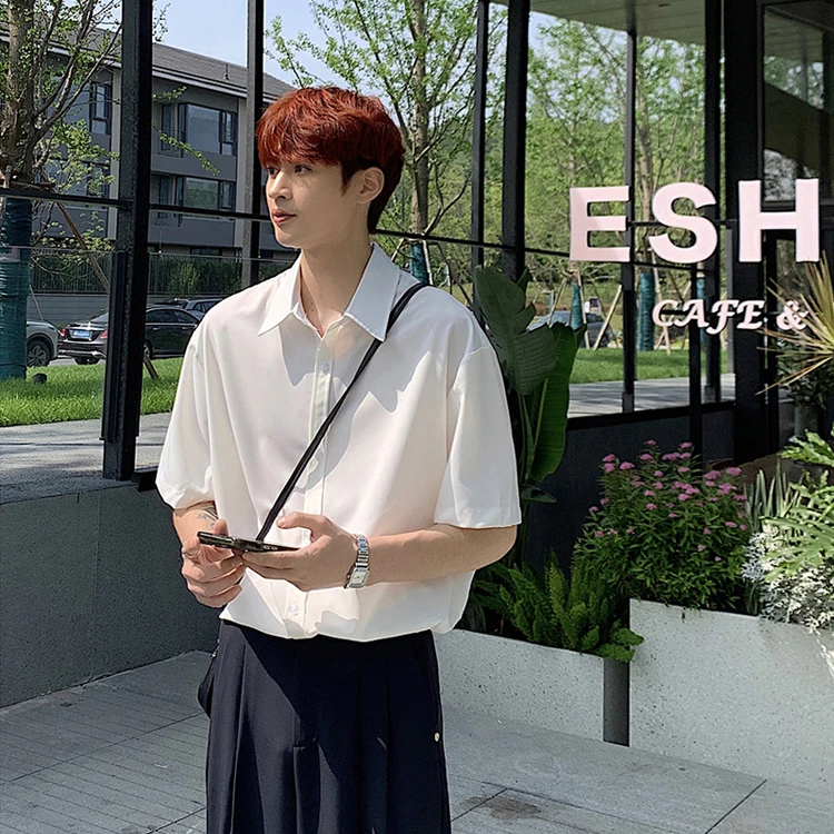 高级感白色衬衫男短袖薄款宽松夏季潮牌垂感冰丝衬衣五分袖轻熟风