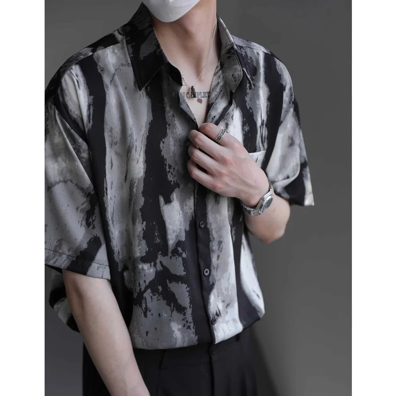 夏季时尚潮流水波纹个性扎染高级感薄款冰丝男士宽松短袖花衬衫
